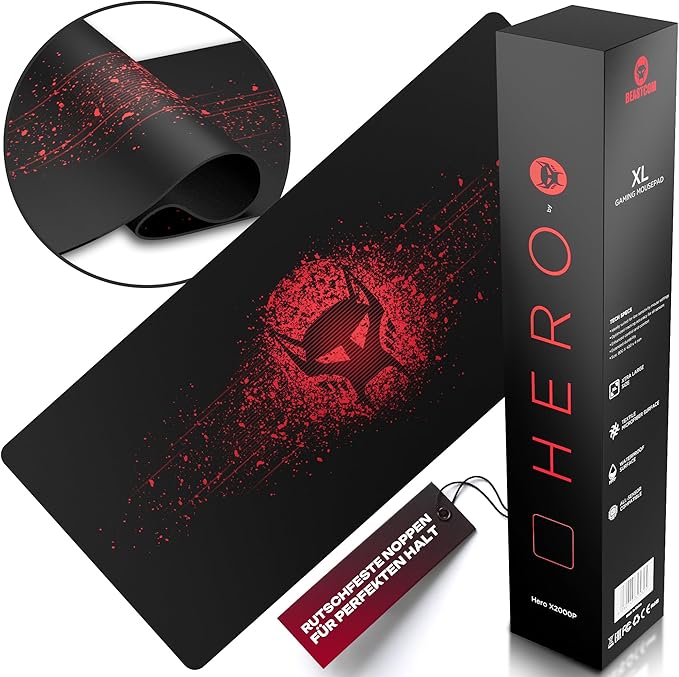 BEASTCOM Hero X2000 Gaming Mouse Pad Red - XL Mousepad 36x 12 Large Mouse Pad - Thick Cloth Desk Mat for Keyboard and Mouse - Non Stitched Edges &amp Anti Sweat Design