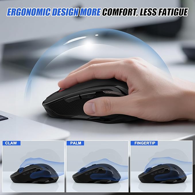 Wireless Bluetooth Mouse for Mac Pro MacBook Ergonomic Rechargeable Mice with Jiggler Mode 2-Mode Bluetooth 5.2/3.0 &amp 2.4G USB-A/USB-C Receiver Silent Optical Mouse for iPad PC Laptop Black