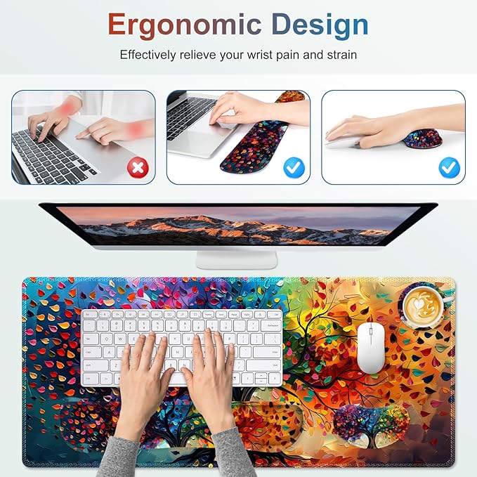 Large Gaming Mouse Pad Set 4 in 1 Ergonomics Keyboard Desk Mat with Memory Foam Wrist Rest Computer Extended Game Mousepad Non-Slip Desk Matt Easy Typing Pain Relief I Colorful Tree Leave