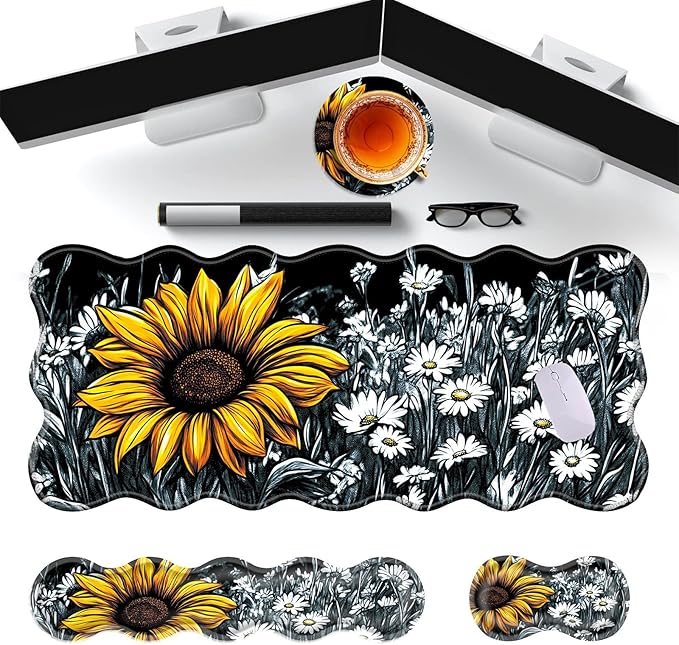 Large Gaming Mouse Pad Keyboard Wrist Rest Pad &amp Wrist Support Mousepad Set Stitched Edge Extended Non-Slip Base Memory Foam Desk Mat for Office HomeSunflowers and Daisies