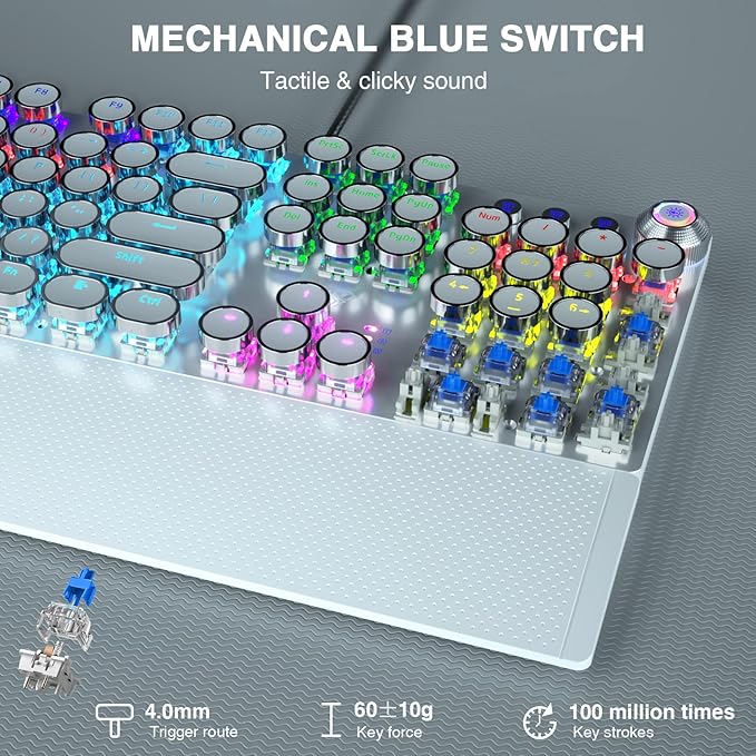 AULA F2088 Typewriter Style Mechanical Gaming KeyboardRainbow LED BacklitRemovable Wrist RestMedia Control KnobRetro Punk Round KeycapsUSB Wired Computer KeyboardWhite (Renewed)