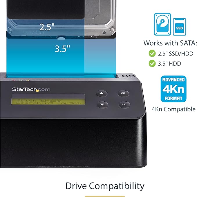 StarTech.com Single Bay Hard Drive Eraser Standalone HDD/SSD Disk Wiper/Sanitizer 4Kn USB 3.0 to SATA III 9 Erase Modes LCD RS232 Printer Port Hardware Erasing Tool TAA Compliant (SDOCK1EU3P2)