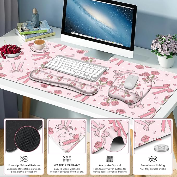 Pink Mouse Pad with Wrist Support 4 in1 Set XXL Big Game Mousepad + Keyboard Wrist Rest + Mouse Wrist Rest Pad +Coaster Gaming Mat for Home Office Work Computer Laptop PC I Sweet Rose &amp Heart Bow