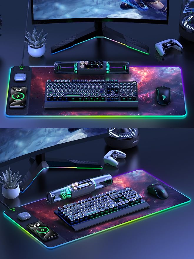 TopMade Wireless Charging Mouse Pad RGB Gaming Mousepad Home Office Desk Pad 31.5” x 15.8” Large Desk Mat Waterproof Keyboard Pad Galaxy Nebula (Includes 20W PD Power Adapter &amp 6.56ft Woven Ca