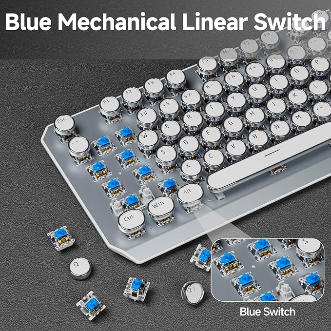 EWEADN TK940 Wireless White Typewriter Mechanical Keyboard87 Keys Aesthetic Mechanical Keyboard Tri-Mode Blue Switches White Backlit Keyboards Retro Punk Keyboards for Windows/Mac/PC