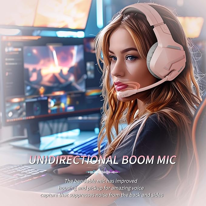 BINNUNE 2.4GHz Wireless Gaming Headset Bluetooth 5.3 Gaming Headphones with Noise Canceling Mic 120H Ultra-Long Battery 50mm Drivers Multi-Platform for PC / PS5 /PS4/ Switch/Mobile Pink