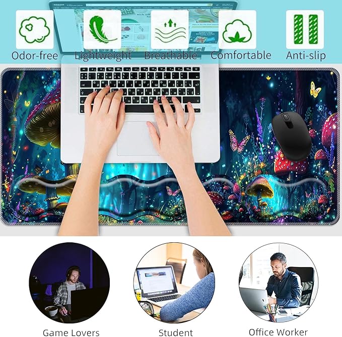 Keyboard Wrist Rest+Mouse Wrist Pad+Desk Pad SetMemory Foam Ergonomic Easy Typing Pain Relief for Computer Laptop Office Home - Mushrooms and Butterflies