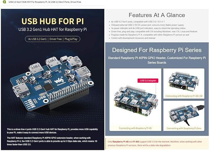 Waveshare USB 3.2 Gen1 HUB HAT Compatible with Raspberry Pi 5/4B/3B/Zero/Zero W/Zero 2W/Pico/Pico W/Pico WH 4X USB 3.2 Gen1 Ports No Driver Required