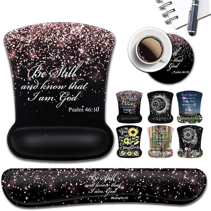 Keyboard Wrist Rest and Mouse Pad with Wrist Support Ergonomic Gel Mouse Pad and Coaster for Easy Typing Pain Relief Memory Foam Keyboard Wrist RestPsalm 46-10 Rose Gold Glitter Black Mousepads