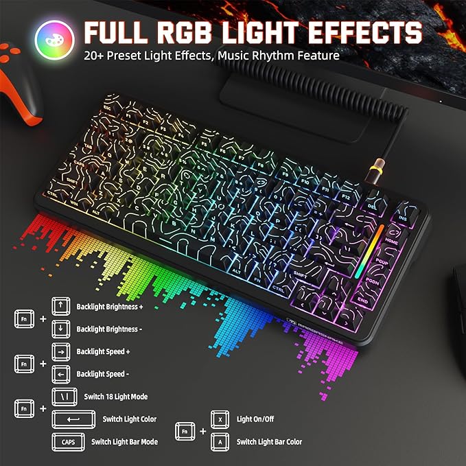MAMBASNAKE M82 HE Hall Effect Magnetic Switch 75% Rapid Trigger Gaming Keyboard 8KHz Magnetic Keyboard with 0.01mm RT Accuracy Support RT/Snap Tap/DKS with RGB Lighting Coiled Cable-Black Contour