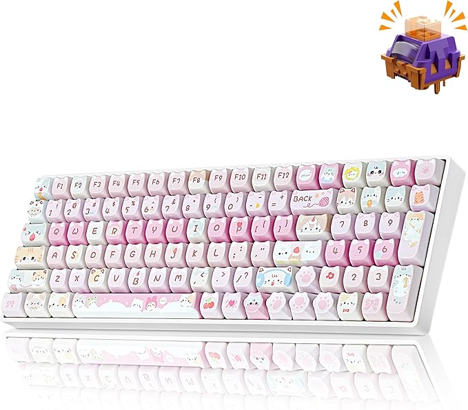 ZORNHER ZH100 Wireless Cat Mechanical Keyboard98% Pink Cute Creamy Keyboard with Number PadFull Size Hot-Swappable Kitty Gaming KeyboardMeow Meow Squad KeycapsClicky Blue SwitchesRGB Backlit