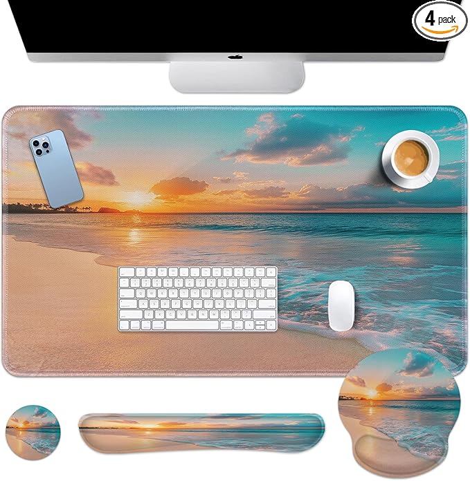 Arttown Summer Ocean Sun Desk Mat Sand Beach Mouse Pad Set 4 in 1 Cloud Sea Wave Ergonomic Design Large Desk Pad + Keyboard Wrist Rest + Mouse Wrist Rest + Coaster Suitable for Home Office Study Game