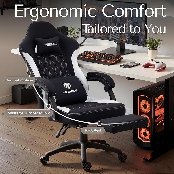 Gaming Chair Fabric with Pocket Spring CustionErgonomic High Back Video Game Chair with Footrest Massage Lumbar Support Comfy Computer Chair for Adults Game Office Black&ampWhite