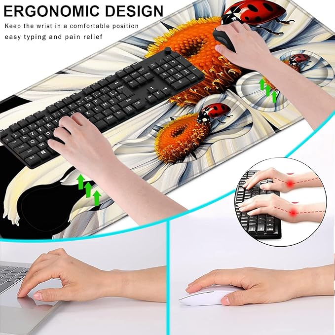 Keyboard Wrist Rest and Mouse Pad with Wrist Support Set Ergonomic CoasterMemory FoamEasy Typing Pain ReliefLarge XL Desk Mat 31.5x 11.8Ladybug on Daisy Flower
