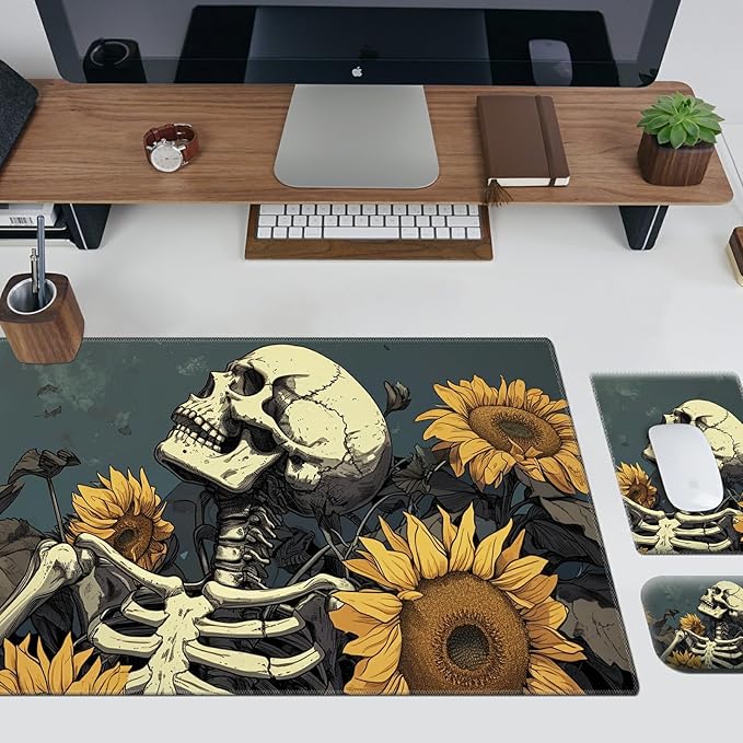 Ergonomic Desk Pad Mat &amp Keyboard Wrist Rest Set 3-in-1 Office Mouse Pad with Memory Foam Support Non-Slip Computer Blotter for Home Gaming &amp Writing 23.6 x 11.8 Sunflower Skull