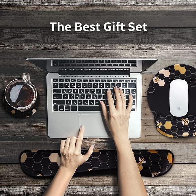 iCasso Desk Mat Gaming Mouse Pad Wrist Support Set4in1 XXL Large Mousepad + Keyboard Wrist Rest+Mouse Wrist Rest+Coaster Set with Ergonomic Design for Home Office Table Computer-Honeycomb