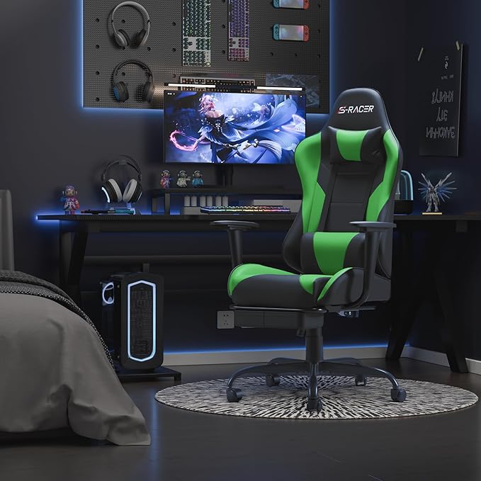 Homall Gaming Chairs Computer Chair with Footrest and Massage Lumbar Support Height Adjustable Game Chair with Headrest and Swivel Seat (Light Green)