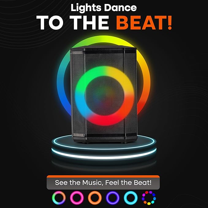 Pyle Portable Bluetooth Speaker with 8 Inch Woofer TWS Function Mic Input USB/Micro SD/FM Radio Colorful Ring Lights 120W Rechargeable Battery Tripod Stand Hi-Fi Sound Indoor/Outdoor Use