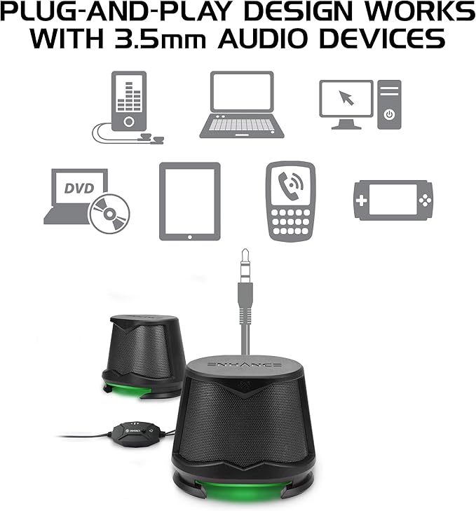 ENHANCE SB2 USB Computer Speakers 2.0 Stereo with Green LED Lighting 10W Peak High Excursion Drivers 3.5 mm Aux in Line Volume and Light Switch PC Laptop Desktop