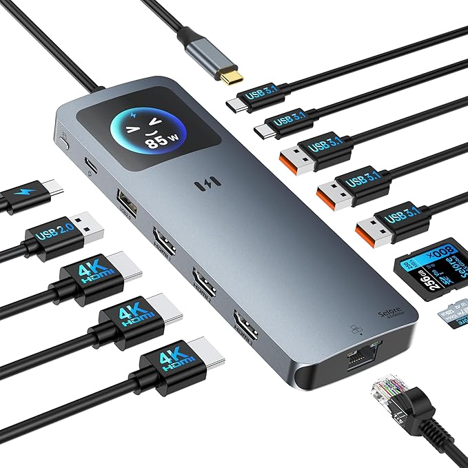 USB C Docking Station 3 HDMI Selore 13-in-1 Laptop Docking Station with Triple 4K HDMI Smart Display 2.5G Ethernet 100W PD 10Gbps USB A/C 3.1 SD/microSD Card Reader for Dell/HP/Lenovo Laptops