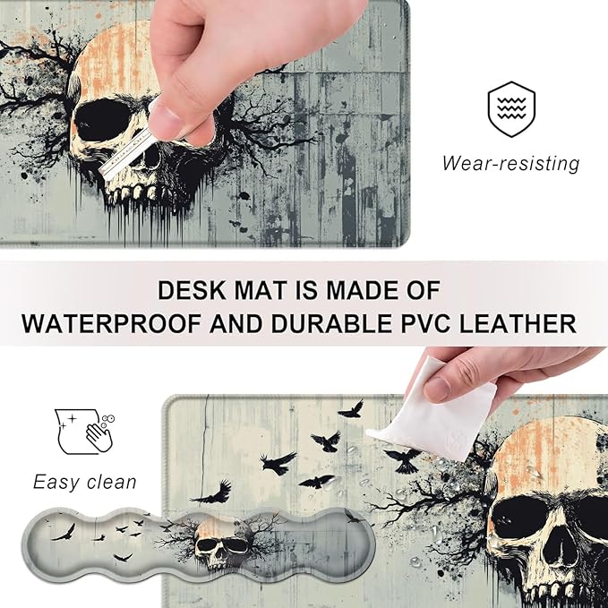 Mouse PadLarge Desk Mat Set 4in1 XL Mousepad + Keyboard Wrist Rest+Mouse Wrist Rest+Coaster with Ergonomic Desk Pad for Home Office Table Computer Cover -Skull with Branches and Crows