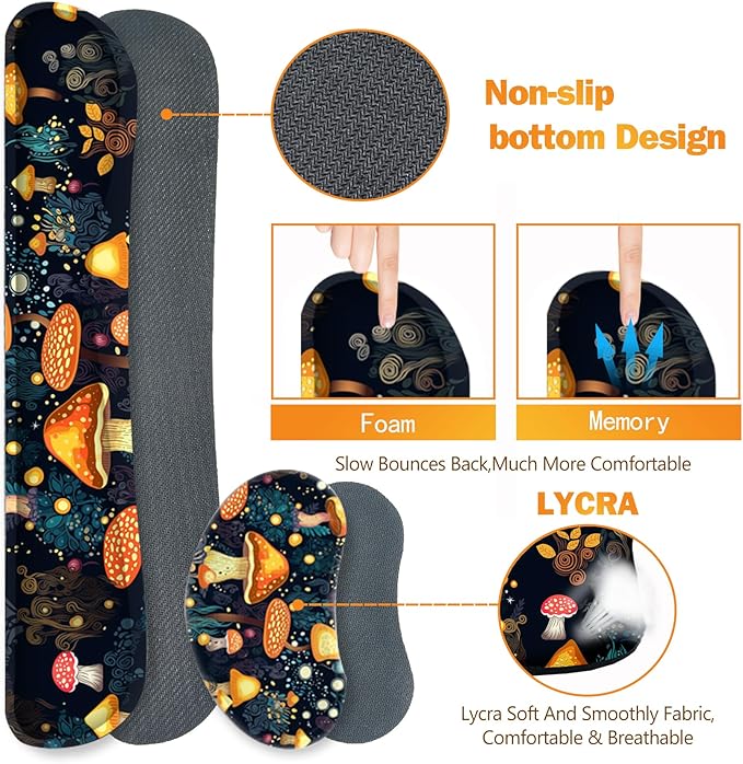 ARTSO Large Gaming Mouse Pad Keyboard Wrist Rest Pad &amp Wrist Support Mousepad Set Stitched Edge Extended Non-Slip Base Memory Foam Desk Mat for Office Home Cute Mushrooms
