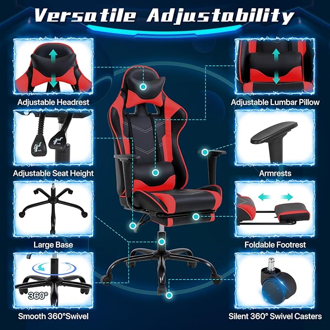 Ergonomic Gaming Chair with Footrest High Back PU Leather Office Desk Chair for Adults Teens Rolling Swivel Computer Chair (Red)