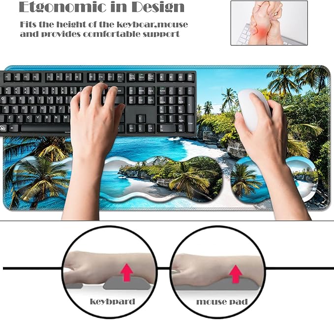 Ergonomic Keyboard Wrist Rest &amp Mouse Pad Wrist Rest SetXL Gaming Desk Mat 31.5x 11.8Non-Slip BaseMemory FoamEasy Typing Pain Relief for Office &amp HomeTropical Beach Palm Trees