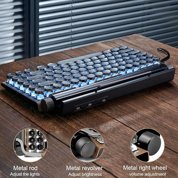 7KEYS Typewriter Keyboard Wireless Retro Style Vintage Classical Mechanical Keyboard with Bluetooth for IPAD PC/Laptop Mac/Phone (Wood)