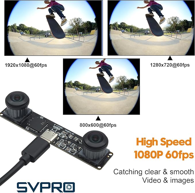 SVPRO Dual Lens USB Camera Module 1080P 60fps Fisheye UVC Industrial Camera Board Synchronisation Recording in Colour with M12 Lens Distortion-Free Wide Angle Board Camera