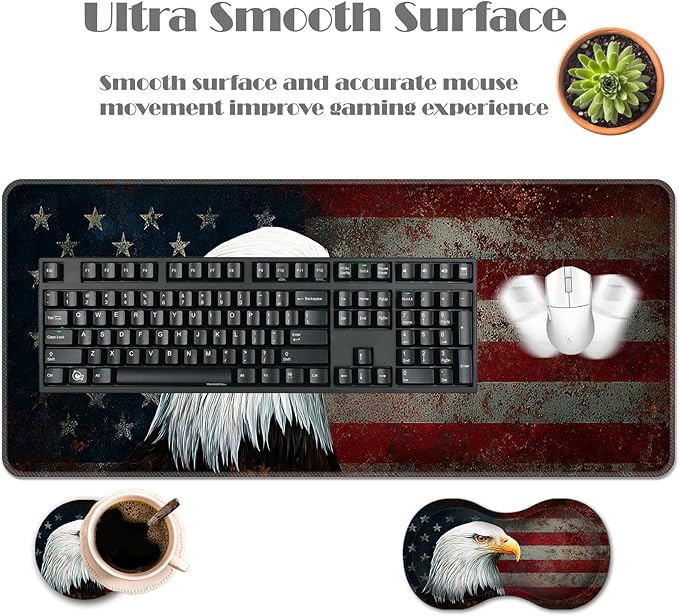 Ergonomic Keyboard Wrist Rest &amp Mouse Pad Wrist Rest SetXL Gaming Desk Mat 31.5x 11.8Non-Slip BaseMemory FoamEasy Typing Pain Relief for Office &amp HomeVintage USA Flag Bald Eagle
