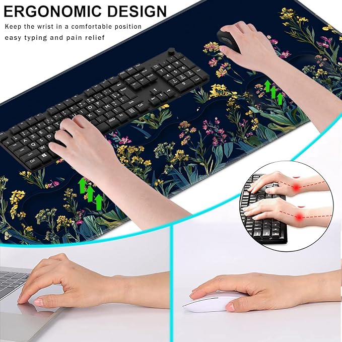 Keyboard Wrist Rest and Mouse Pad with Wrist Support Set Ergonomic CoasterMemory FoamEasy Typing Pain ReliefLarge XL Desk Mat 31.5x 11.8Garden Flowers