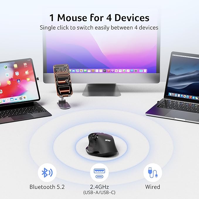 acer Wireless Mouse for Laptop Bluetooth Computer Mouse Ergonomic for 4 Devices(2.4Ghz+BT 5.2+Wired) OLED Screen Rechargeable Mice 5 Programmable Buttons 4000 DPI for MacBook PC Desktop