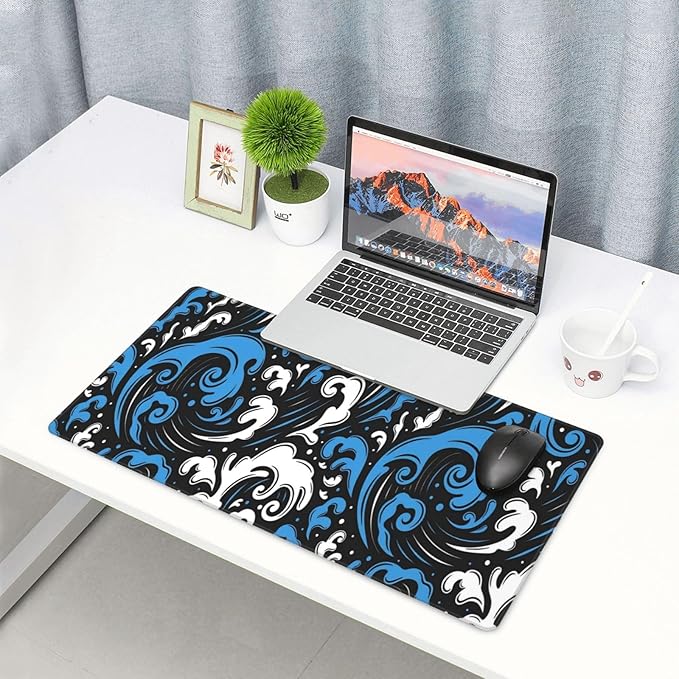 Abstract Wave Blue White Desk Cover MatExtended Large Mouse PadComputer Laptop Mat Desk Decor for Office Game Home 30x16 Inch