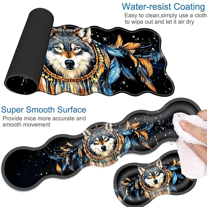 Desk Mat Mouse Pad with Wrist Rest 4-in-1 Large Mouse Pads for Desk Ergonomic Mouse Pad and Keyboard Wrist Rest Gaming Keyboard Mat for OfficeDreamcatcher Wolf
