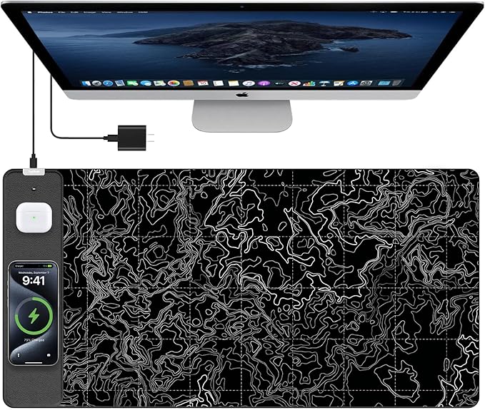 TopMade Mouse Pad with 15W Fast Wireless Charging 31.5x15.75 XXL Large Gaming Waterproof Desk Pad Computer Desk Mat Black Topographic Map #3 (Includes 20W PD Power Adapter &amp 6.56ft Woven Cabl