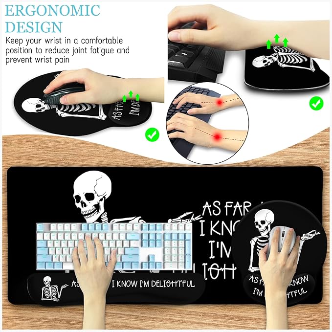 Ergonomic Mouse Pad with Wrist Rest Desk Mat Set Skeleton Gaming Mouse Pads Keyboard Mat Wrist Rest Cup Coaster Funny Office Desk Accessories