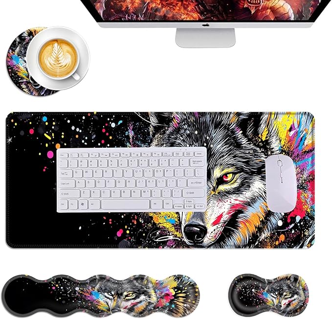 Mouse PadLarge Desk Mat Set 4in1 XL Mousepad + Keyboard Wrist Rest+Mouse Wrist Rest+Coaster with Ergonomic Desk Pad for Home Office Table Computer Cover -Colorful Splatter Wolf