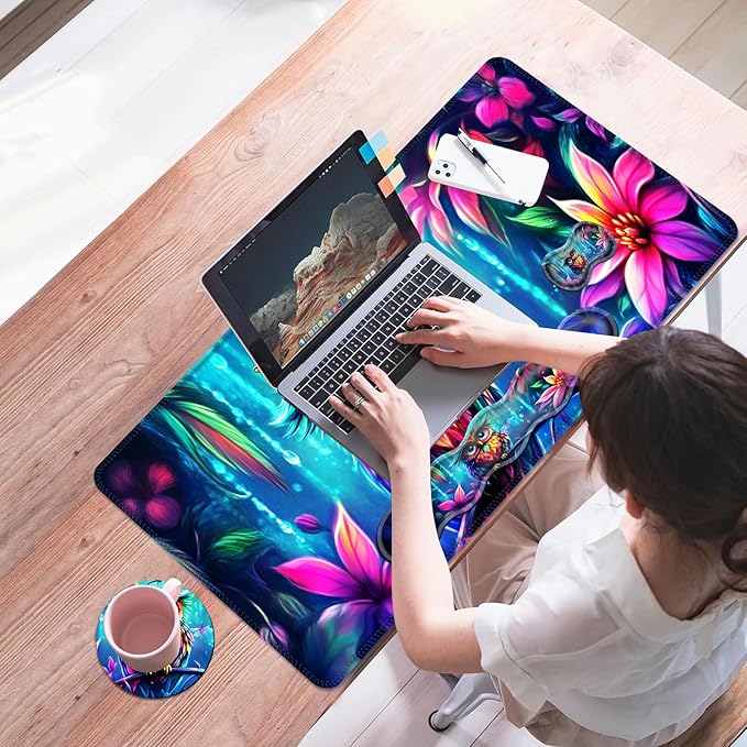 Mouse PadLarge Desk Mat Set 4in1 XL Mousepad + Keyboard Wrist Rest+Mouse Wrist Rest+Coaster with Ergonomic Desk Pad for Home Office Table Computer Cover -Owl Flowers Dragonflies