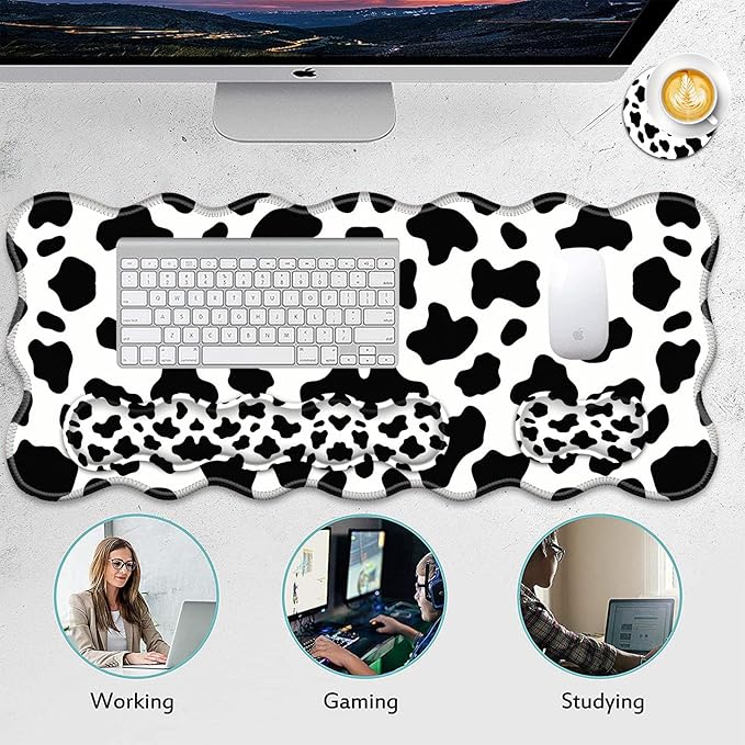4 in 1 Desk Mat SetMouse Pad with Keyboard Wrist RestWave-Shaped DesignNon-Slip Rubber BaseWaterprooffor HomeOfficeGamingCute Cow Pattern