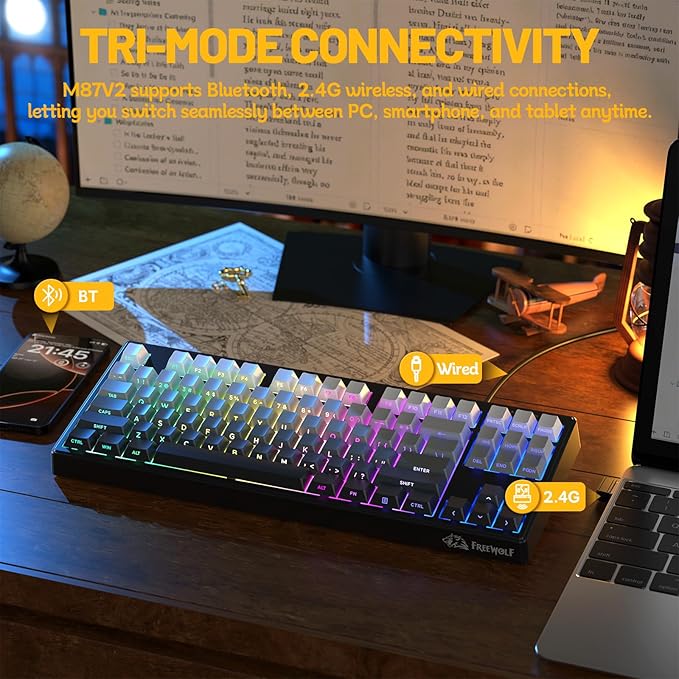 M87V2 87 Keys Membrane Gaming Wireless Keyboard80% TKL Layout Side Printed Keys Retro Cute CreamyRGB Backlit 4000mAh 2.4G/BT/Wired Computer Silent Keyboard for MAC PC-Gradient Black
