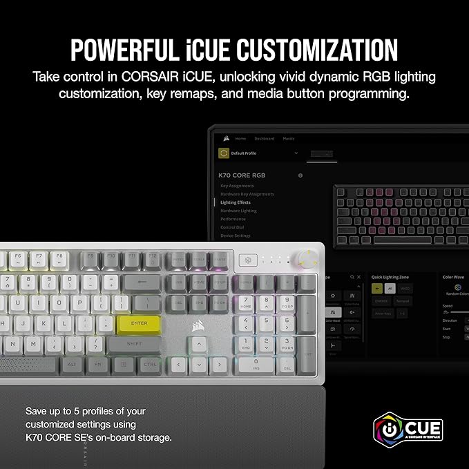 Corsair K70 CORE SE RGB Mechanical Wired Gaming Keyboard with Palmrest – Pre-Lubed MLX Red Linear Switches SOCD PBT Dye-sub Keycaps Sound Dampening Media Control Dial QWERTY NA – White