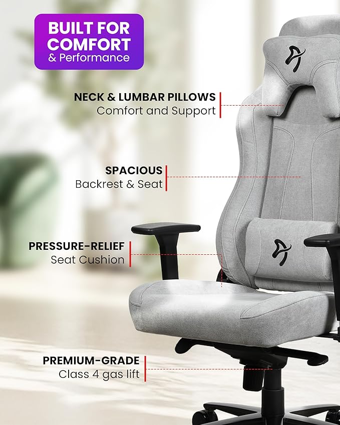 Arozzi Vernazza Soft Fabric Durable Upholstery Ergonomic Office and Gaming Chair with High-Level Features Like 3D Armrests and a Pro Mechanism Along with Soft Neck &amp Lumbar Support Pillows-Light G