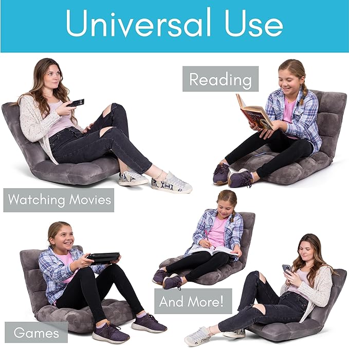 BIRDROCK HOME Adjustable Memory Foam Floor Chair - Ideal for Gaming Reading Meditation - Comfortable and Versatile - Suitable for Kids and Teenagers - Comfy Foldable Floor Seat - Grey