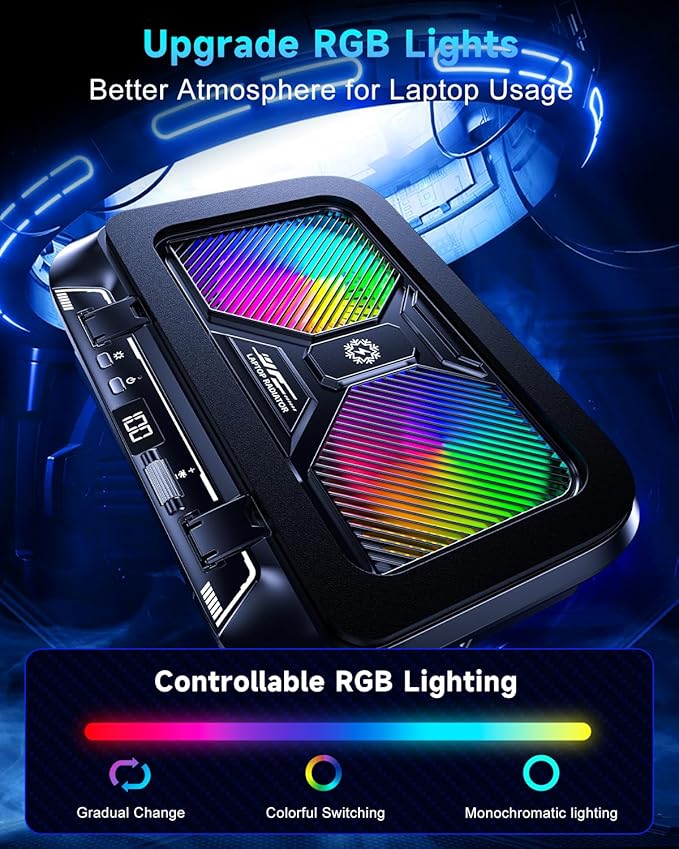 Laptop Cooling Pad with Dual Core Cooler Gaming Laptop Cooler with 5.5in 2 Powerful Turbofan(9500 RPM) Fast Cooling Laptop 12-21in 5 Height Stands 100 Gear Speed LCD Screen RGB Phone Holder