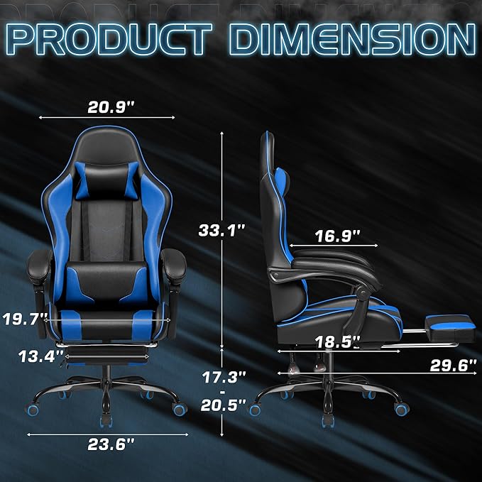 Homall Gaming Chair Video Game Chair with Footrest and Massage Lumbar Support Ergonomic Computer Chair Height Adjustable with Swivel Seat and Headrest (Blue)