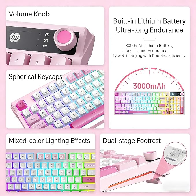 HP K500F Wireless Gaming Keyboard - 98 Keys RGB Backlit Volume Knob Tri-Mode Bluetooth 5.0/2.4GHz/USB-C Wired 3000mAh Rechargeable Membrane Keyboard for Desktop and Laptop (Gradient Pink)