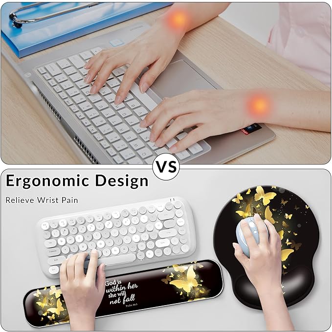 Desk Mat Set + Keyboard and Mouse Pad with Wrist Rest Support4-in-1 Large Mousepad Computer Mats for Desktop Home &amp Office-Golden Butterflies