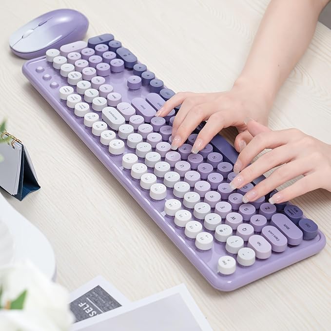 Colorful Wireless Keyboard and Mouse Combo COVEVA 2.4GHz Wireless Retro Cute Round Keycaps Keyboard 104 Keys Full-Sized Keyboard Mouse Set with Switch Button for PC Laptop Desktop (Purple Gradient)