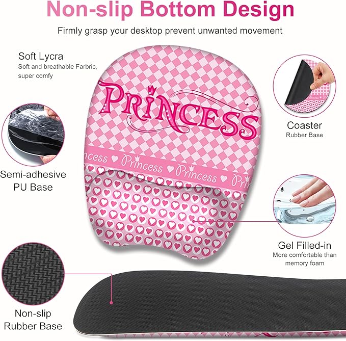 Mouse Pad with Wrist Support 4 in1 Set XXL Big Game Mousepad + Keyboard Wrist Rest + Mouse Wrist Rest Pad +Coaster Gaming Mat for Home Office Work Computer Laptop I Pink Checkered Princess Girl